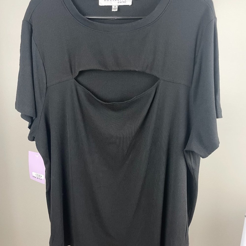 Black cutout short sleeve top stretchy plus size 2X